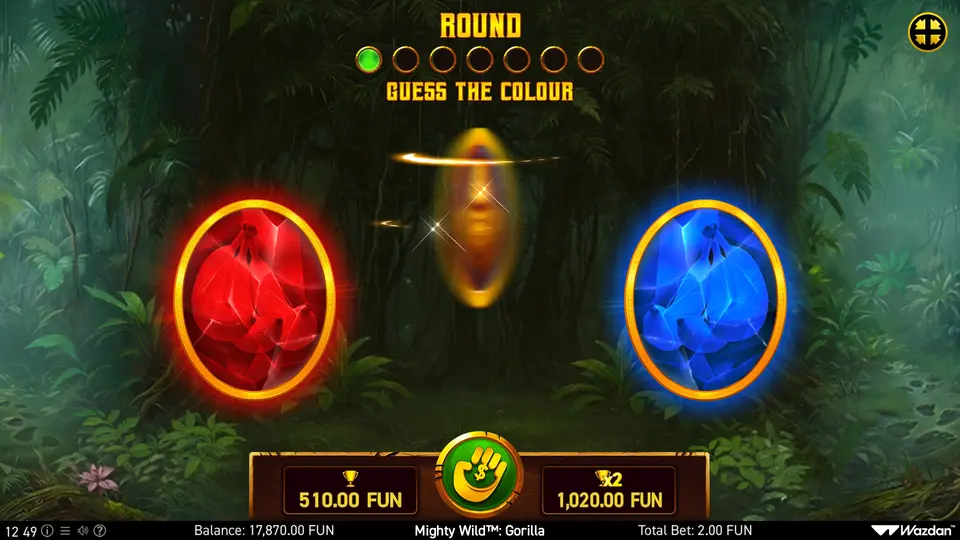 Gamble feature screen with two symbol choices and current win versus double-to amounts