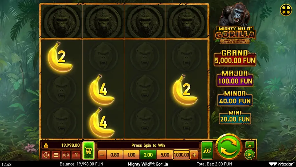 Mighty Wild Gorilla base game with a 4x3 grid and an empty Collector top row above the reels